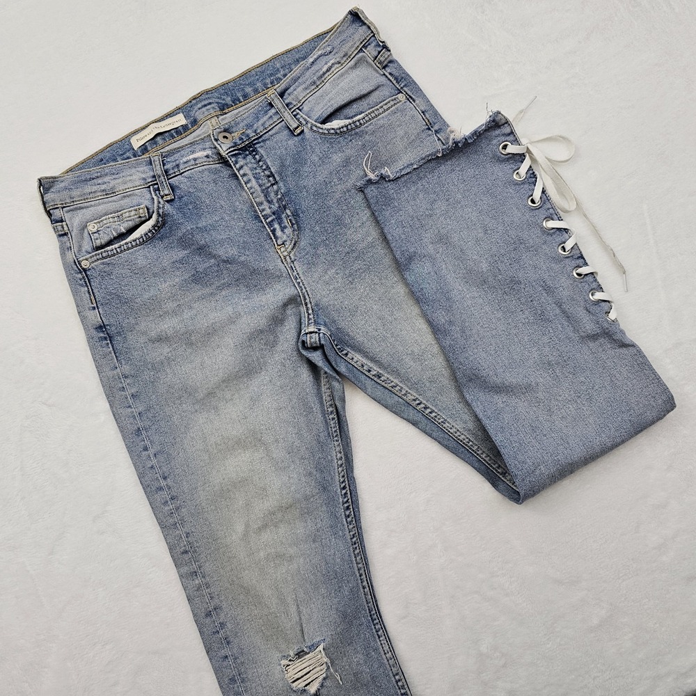 Anthropologie Pilcro Slim Straight Jeans Womens 34W 28L Raw Hem Lace Up Denim